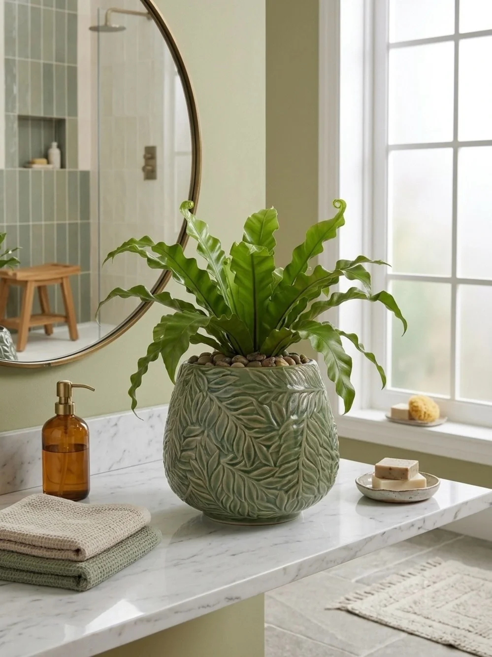 Green Leaf Ceramic Planter 7x7, Textured Fern Leaf Flower Pot with Drainage Hole